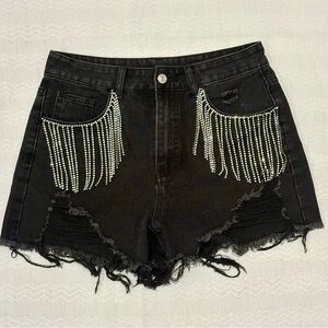 SHEIN Black Denim Shorts with Sparkling Fringe